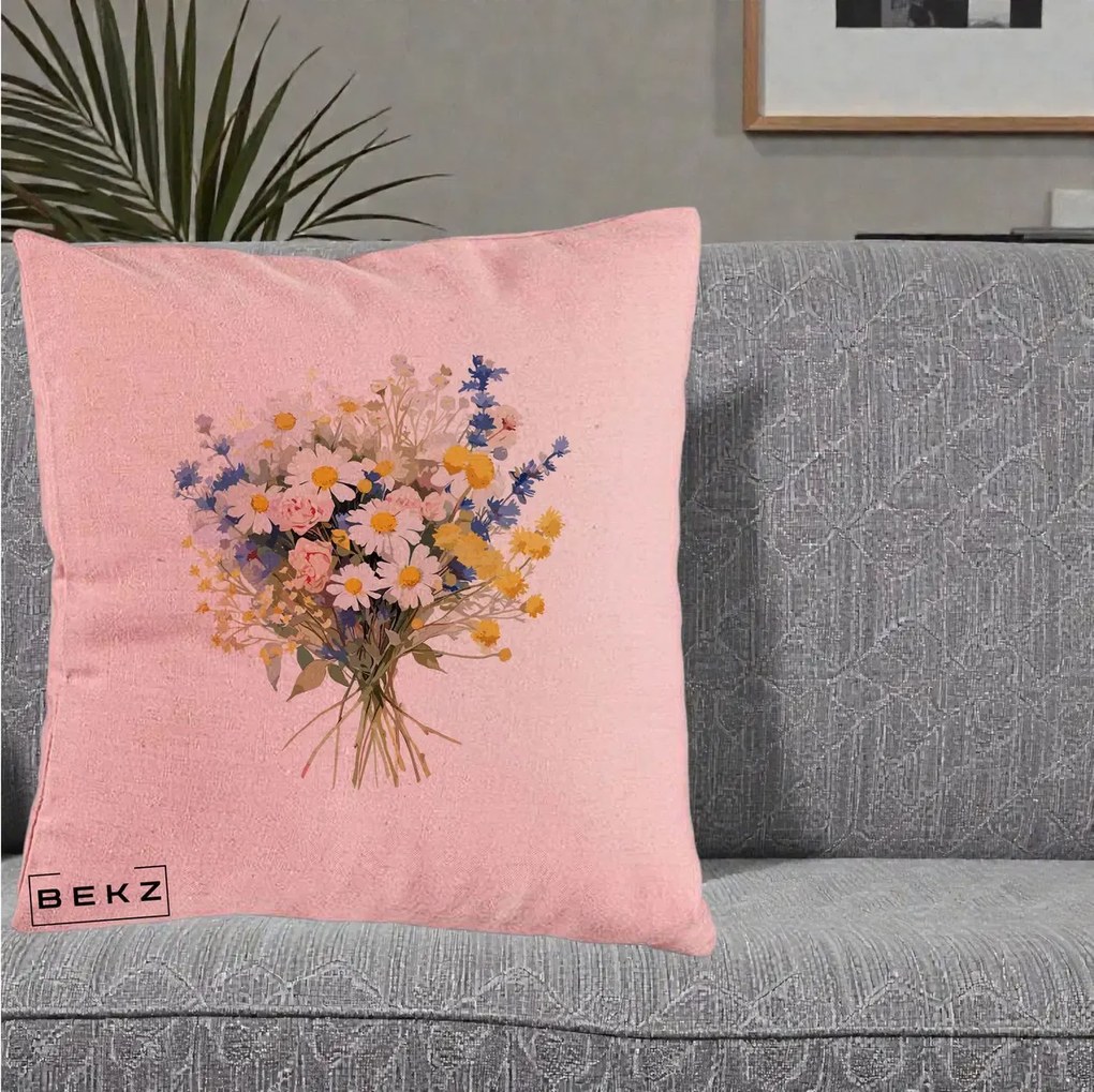 Perna Decorativa Buchet Camp Acuarela Margarete-Lavanda, 40x40 cm, Roz, Husa Detasabila, Perna Inclusa, BEKZ®
