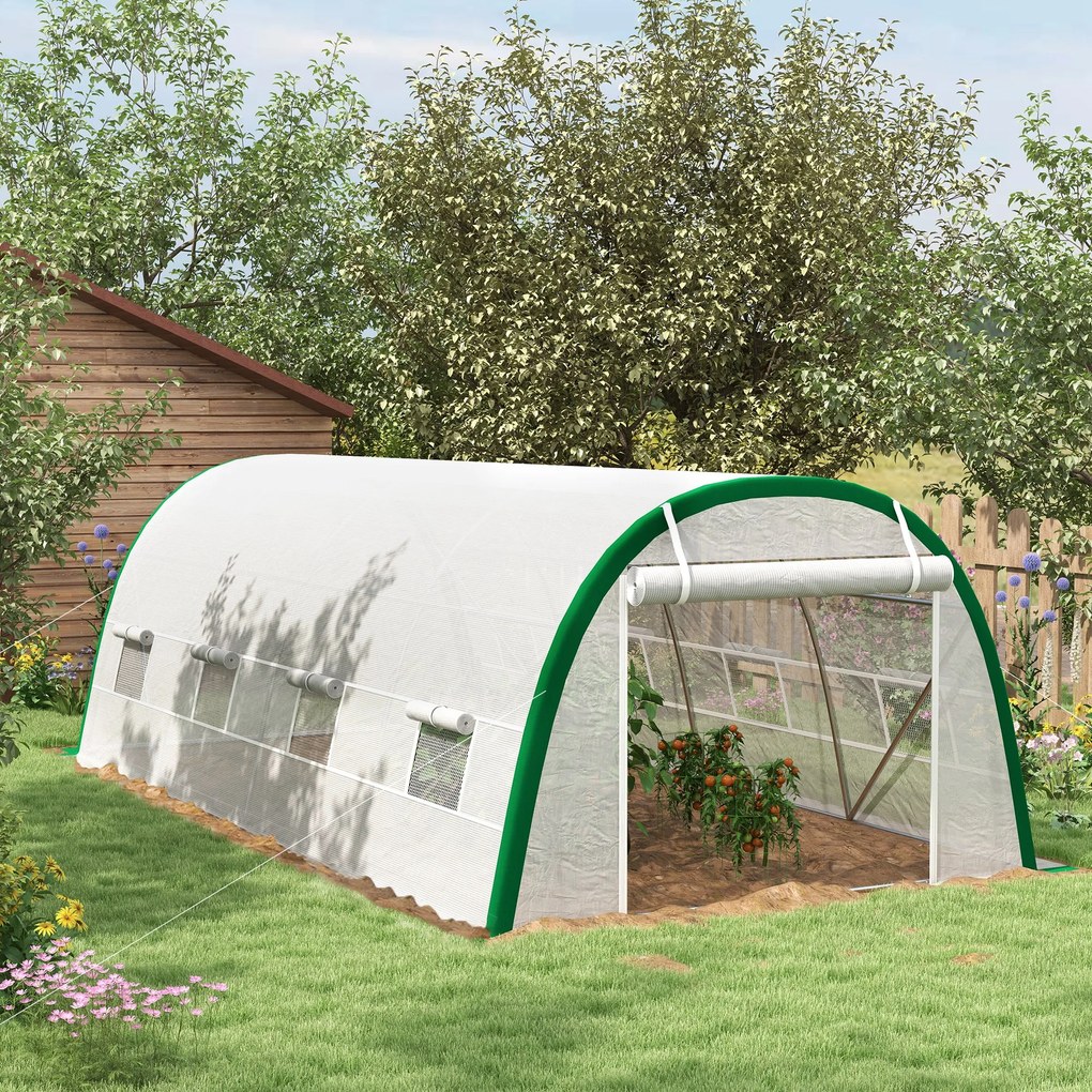 Outsunny Seră de Grădină Tunnel 18 m² dim. 6L x 3l x 2H m, 8 ferestre, Ușă cu fermoar rulabil, Oțel galvanizat, preț PE, Alb | Aosom Romania