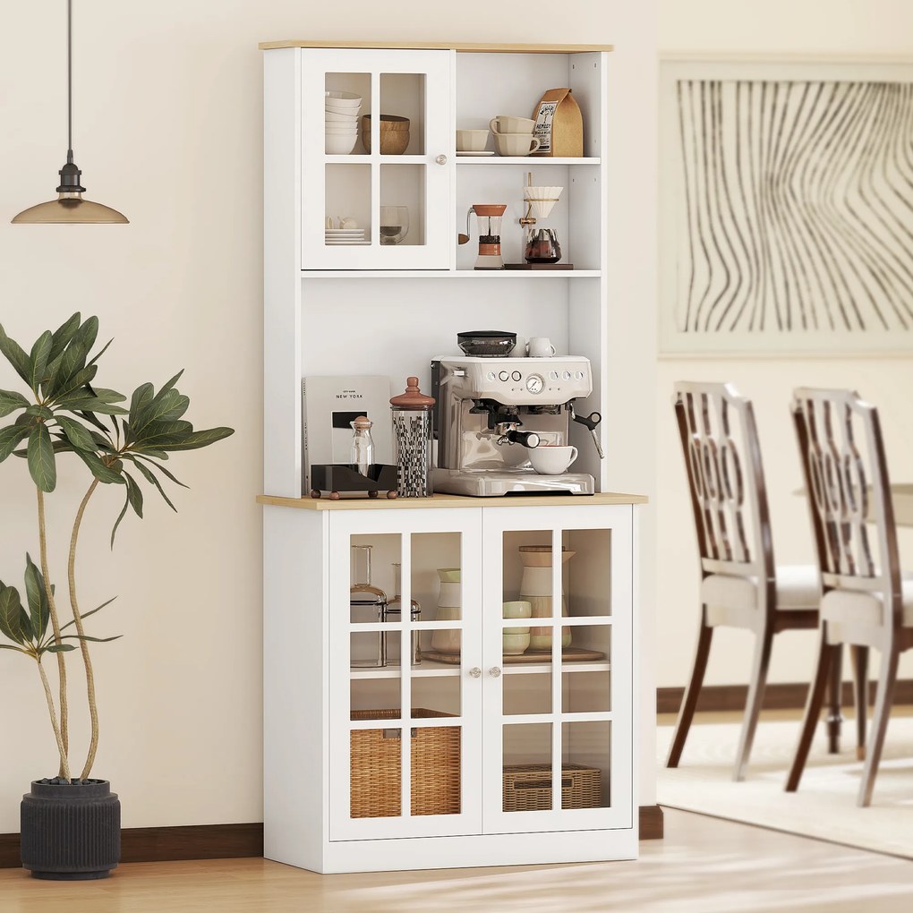 Homcom Bufet Modern din Lemn MDF cu Vitrine, Spațiu Depozitare, pentru Sufragerie și Bucătărie, 80x37x183 cm, Alb | Aosom Romania