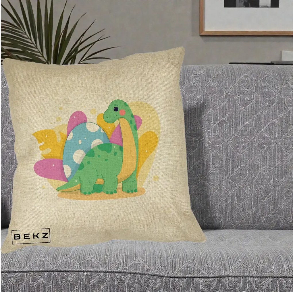 Perna Personalizata Dinozaur cu Ou Pastelat, 40x40 cm, Crem, Husa Detasabila, Perna Inclusa, BEKZ®