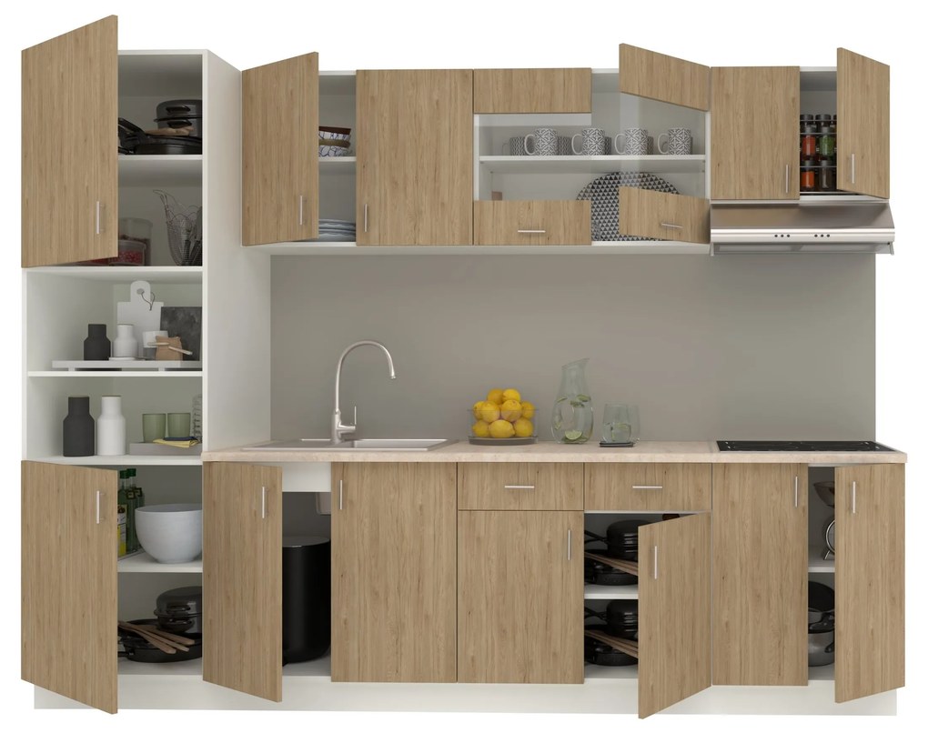 Set Bucatarie Karo V23, Lemn Natural/Alb, Blat Thermo 28 mm, L 280 cm