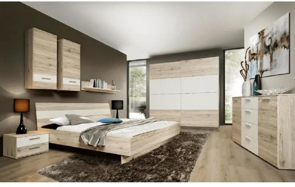 Dormitor, dulap+pat+2buc noptiere, stejar nisip/alb, VALERIA