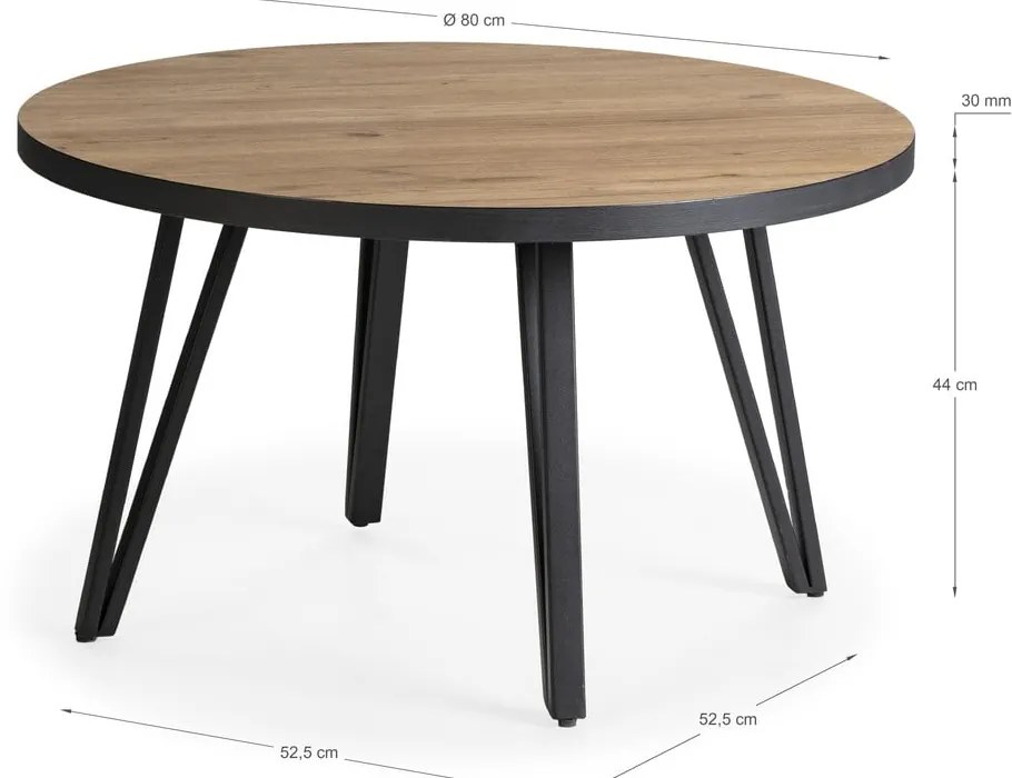 Măsuță de cafea neagră/în culoare naturală rotundă cu blat cu aspect de lemn de stejar ø 80 cm Sindi – Marckeric