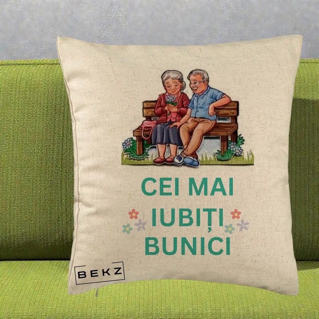 Cadou pentru Bunici - Perna Personalizata Cei Mai Iubiti Bunici Cuplu pe Banca Ilustratie, 40x40 cm, Bej, Husa Detasabila, Perna Inclusa, BEKZ®