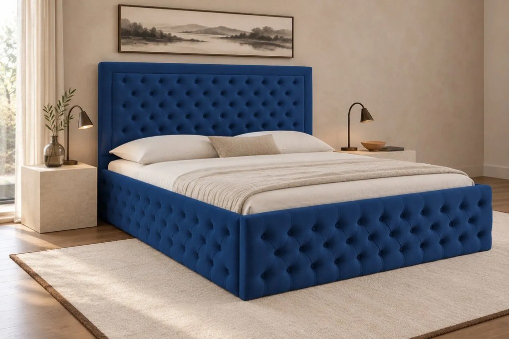 Pat tapițat Chesterfield din catifea Ophelia Deluxe 120×200 cm, albastru, cu ladă de depozitare