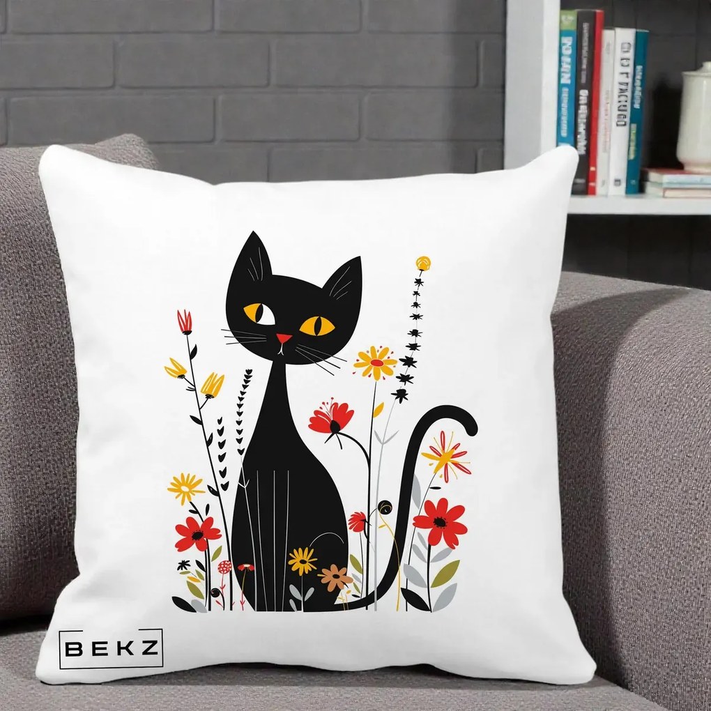 Perna Decorativa Pisica Neagra Ochi Galbeni Flori, 40x40 cm, Alba Mata, Husa Detasabila, Perna Inclusa, BEKZ®