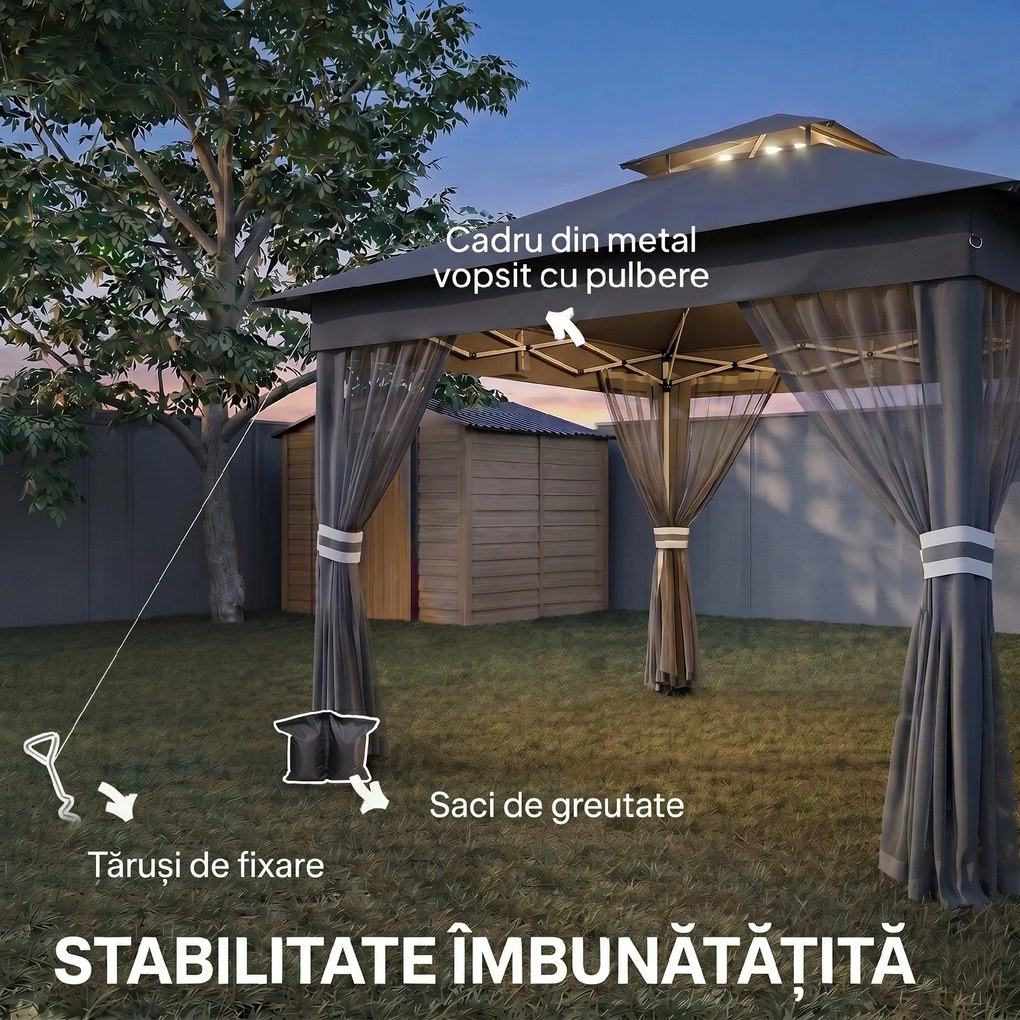 Outsunny Foisor tip pop-up 3 x 3(m),20 lumini LED alimentate de la soare,geanta cu roti, 4 saci de greutate, inaltime reglabila, Gri | Aosom Romania