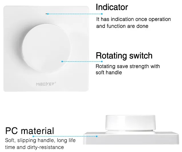 Variator de perete pentru banda LED, compatibil cu banda led monocolora si CCT, montaj aplicat, alb,MiBoxer Milight