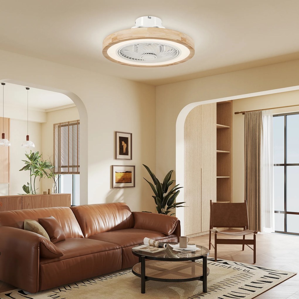 HOMCOM Ventilator de tavan cu lumină și telecomandă, 6 viteze, luminozitate reglabilă, motor silențios, maro deschis | Aosom Romania