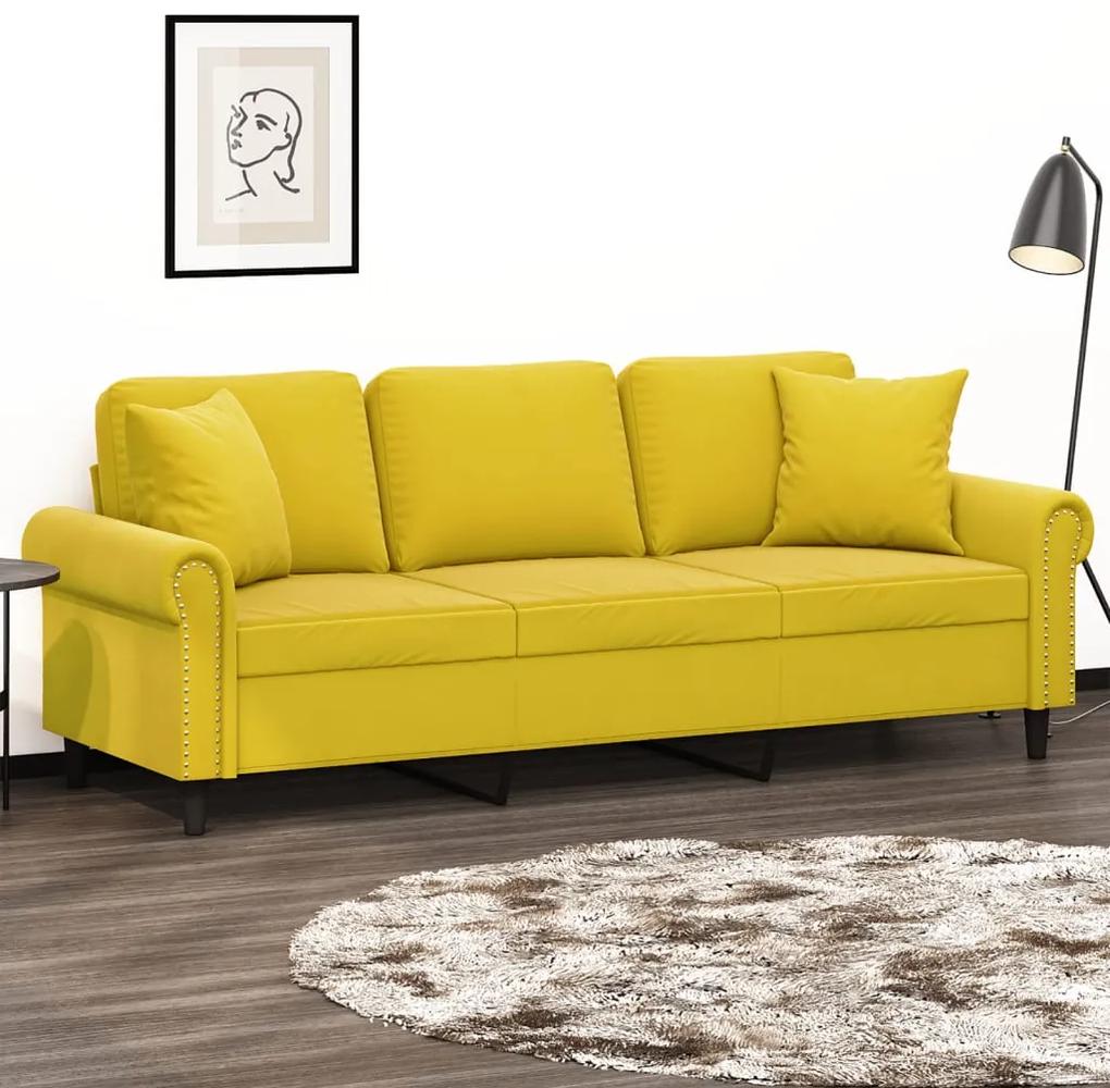 Canapea cu 3 locuri cu pernute, galben, 180 cm, catifea