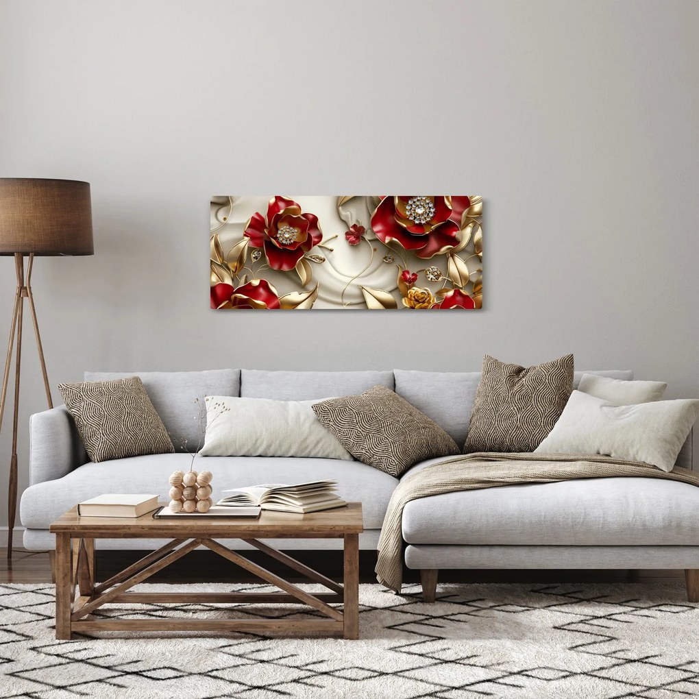 Tablou - Flori 3D Roșu-Auriu (120x50 cm)