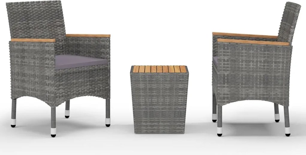 vidaXL Set mobilier grădină, 3 piese, gri, poliratan și lemn acacia