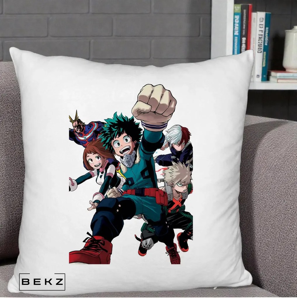 Perna Personalizata My Hero Academia Izuku Deku si Echipa, 40x40 cm, Alb Pufos, Husa Detasabila, Perna Inclusa, BEKZ®