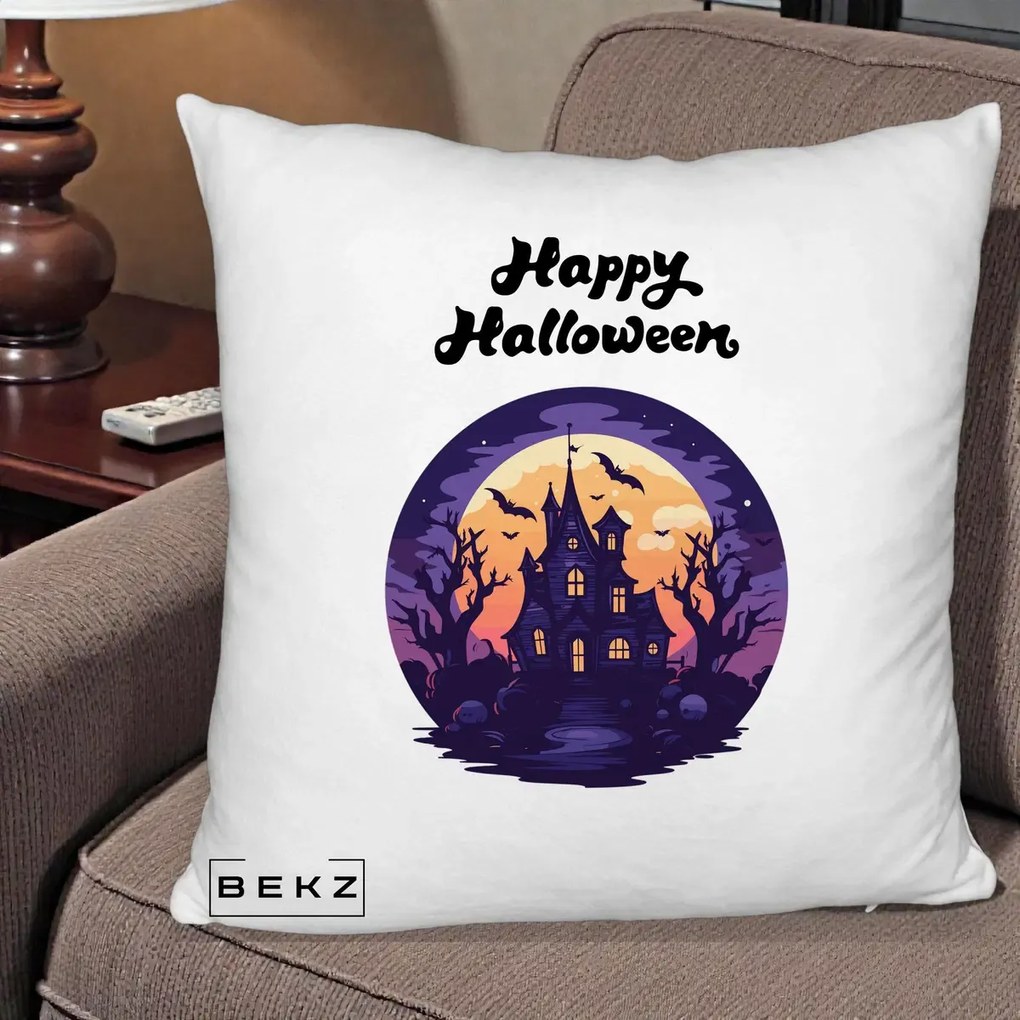 Perna Decorativa Happy Halloween Casa Bantuita Violet, 40x40 cm, Alb Pufos, Husa Detasabila, Perna Inclusa, BEKZ®