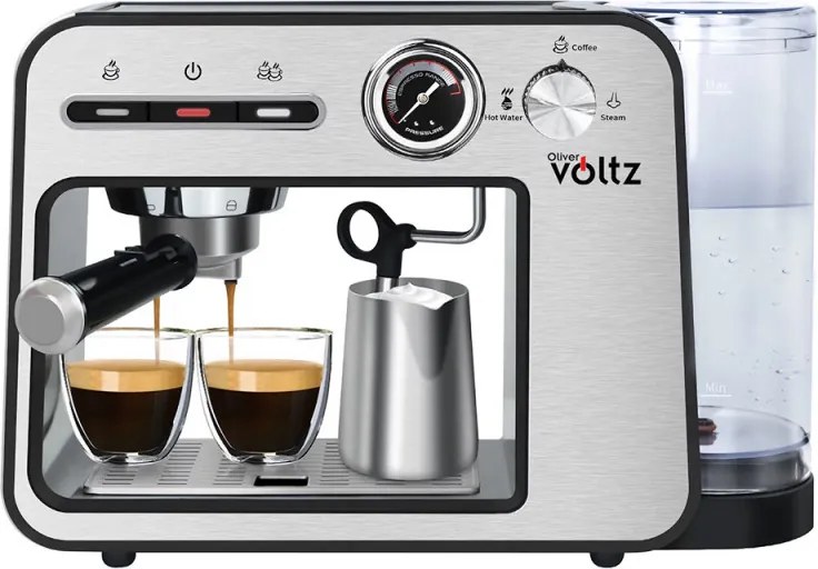 La mâna a doua: Espressor Oliver Voltz OV51171H, 1450W, 15 bar, 1L, Cafea macinata, Spumare lapte, Incalzire cesti, Inox