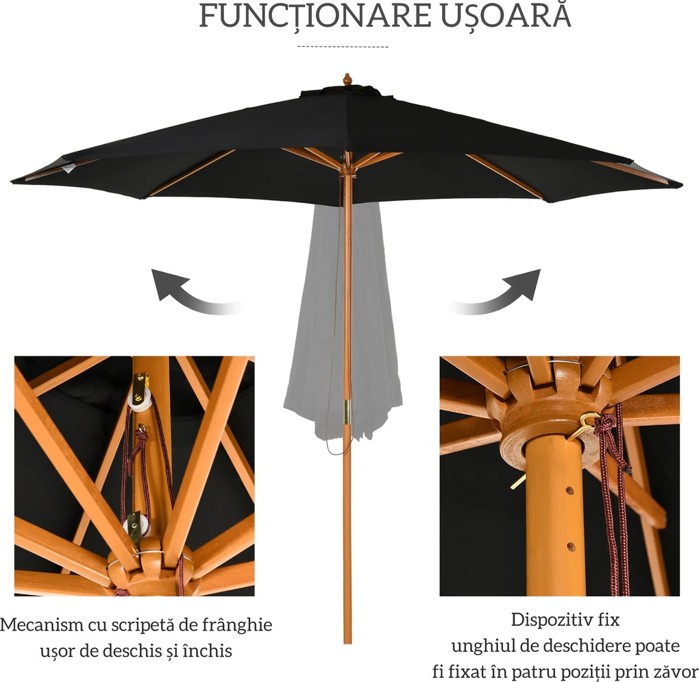 Outsunny Umbrelă de Grădină 3 m cu Stâlp din Lemn, 8 Spițe și Acoperire din Poliester, Neagră | Aosom Romania