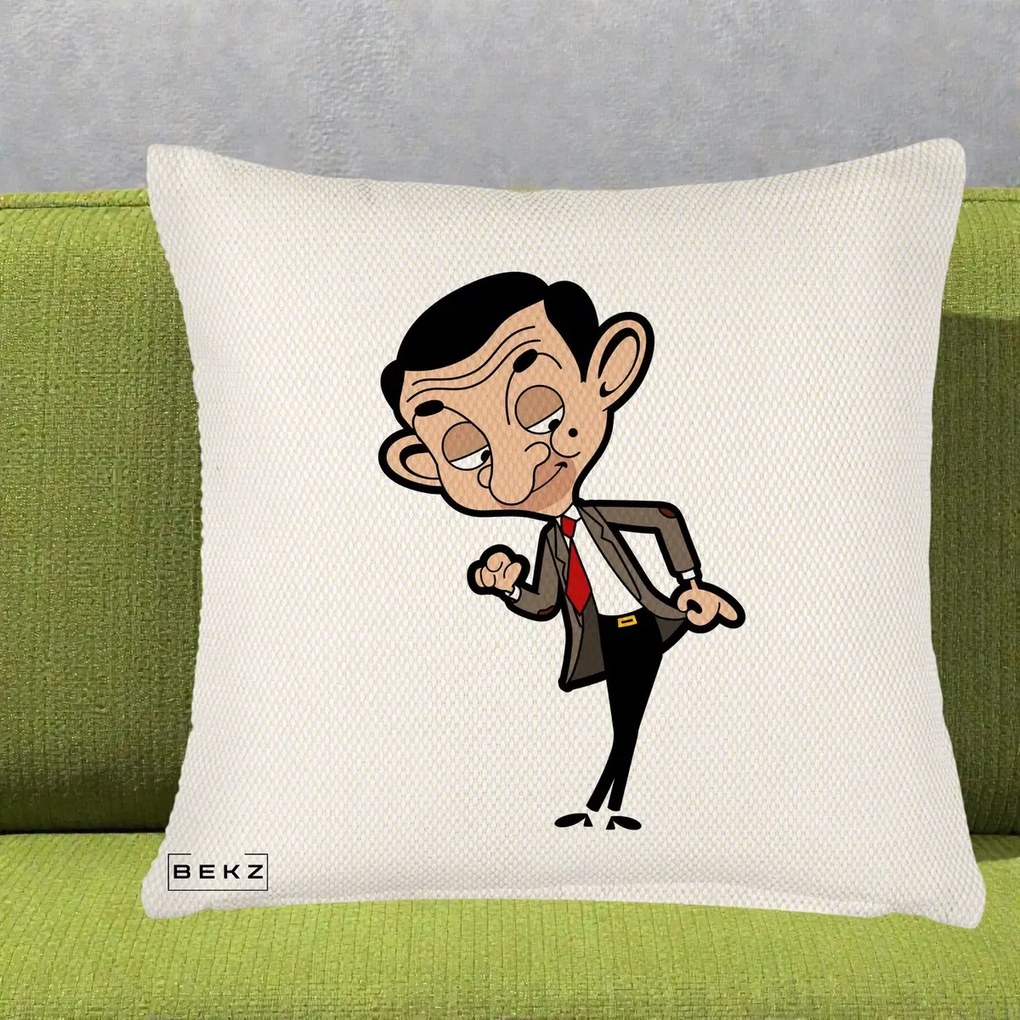 Perna Personalizata Mr. Bean Caricatura, 40x40 cm, Crem Reliefat, Husa Detasabila, Perna Inclusa, BEKZ®