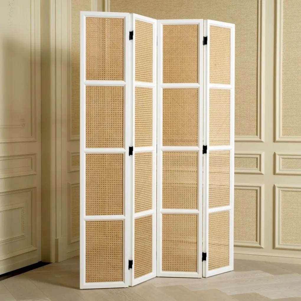 Paravan decorativ LUX, Lemn, Rattan, Bahamas alb