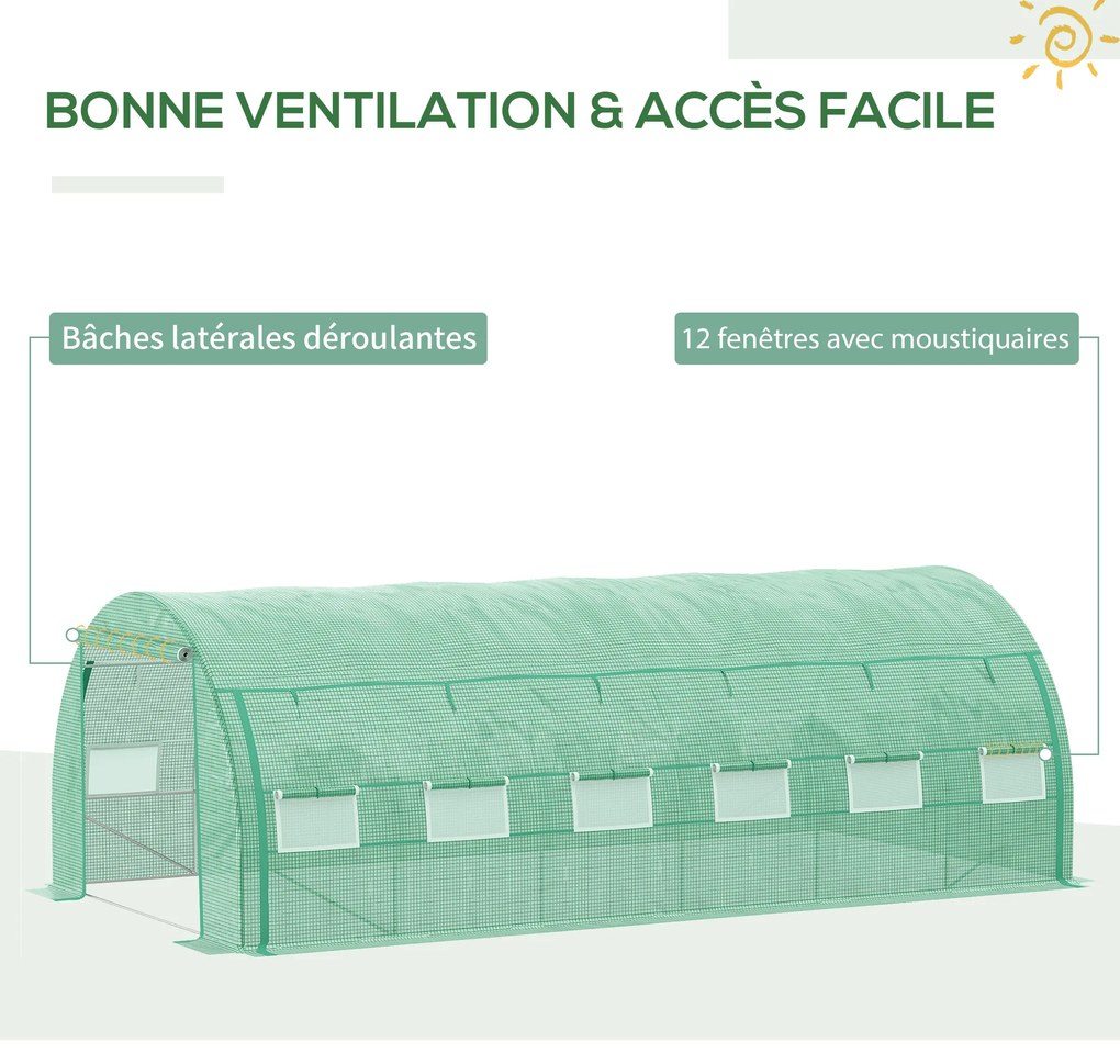 Outsunny Seră de grădină seră tunel 18 m² cu ușă, pereți laterali cu fermoar 12 ferestre oțel PE  4 x 3 x 2 m verde | Aosom Romania
