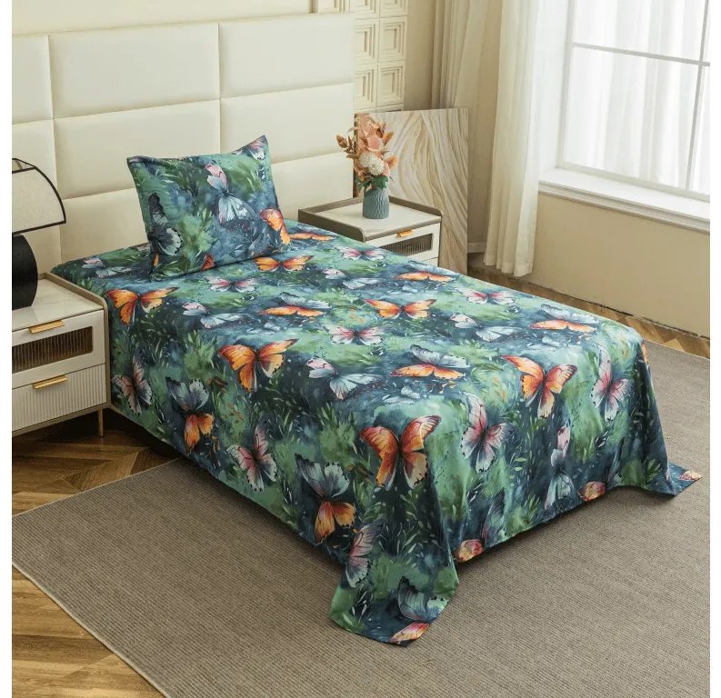 Cearsaf din microfibra 140x240 cm si husa pentru perna 50x70 cm COLORFUL BUTTERFLY, colorat