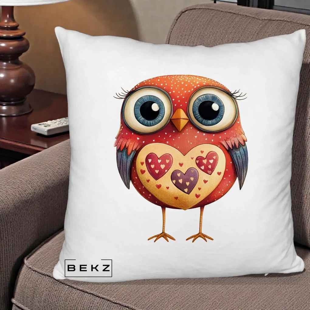 Perna Decorativa Bufnita Rosie cu Inimi Aurii, 40x40 cm, Alb Pufos, Husa Detasabila, Perna Inclusa, BEKZ®