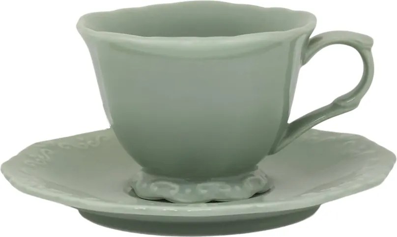 Cească cu farfurioară din porțelan verde mentă, D9.5 cm, model dantelă în relief, „Provence"