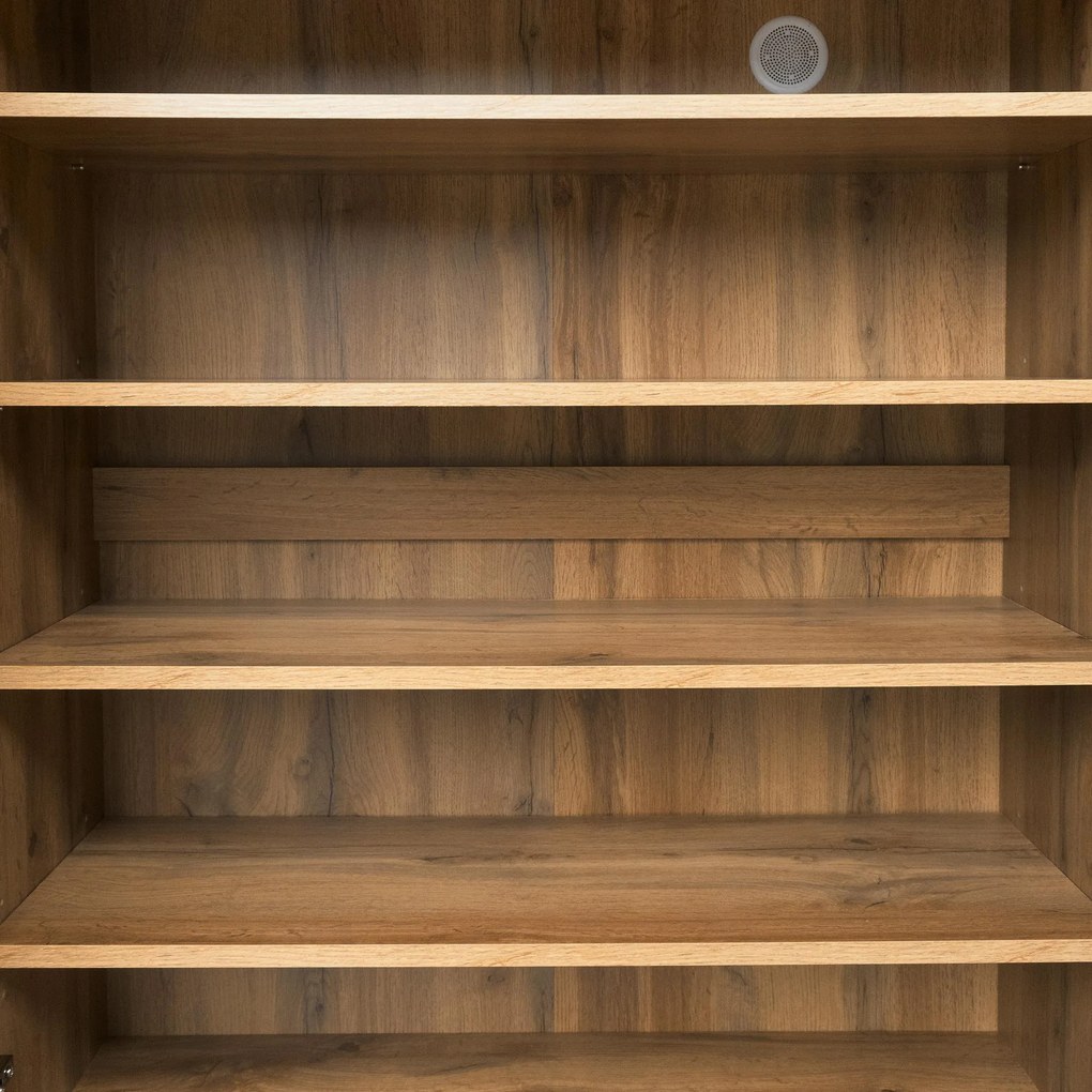 Dulap modern pentru pantofi cu 5 compartimente, model geometric cu aspect de lemn, pentru hol și zona de intrare, 80,5x35x109,5 cm, Culoare naturală