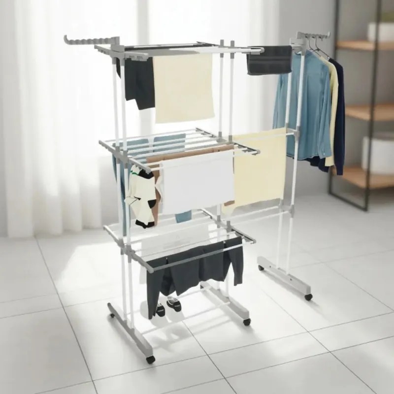 Uscător de rufe Kinghoff KH 2044, 30 m, până la 30 kg, 3 niveluri, roți, oțel, alb/gri