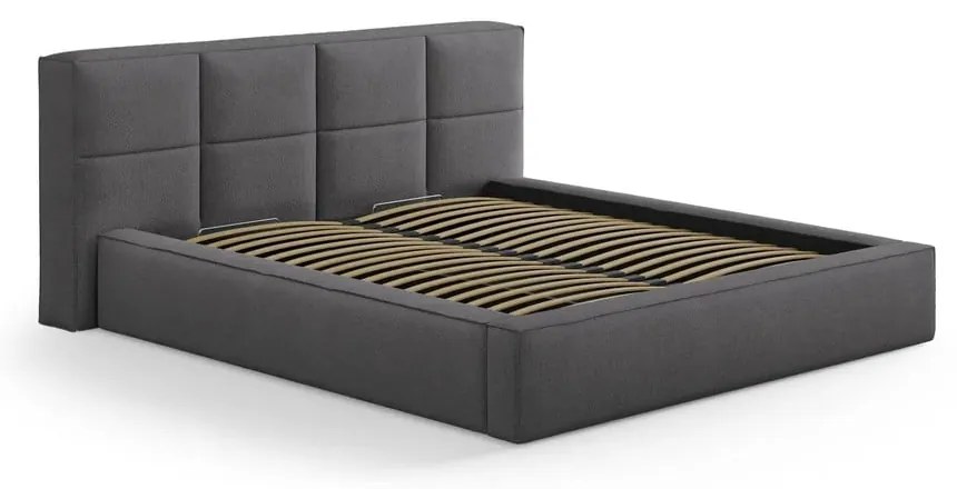 Pat matrimonial gri închis tapițat cu spațiu de depozitare cu somieră 160x200 cm Simon Darren – Micadoni