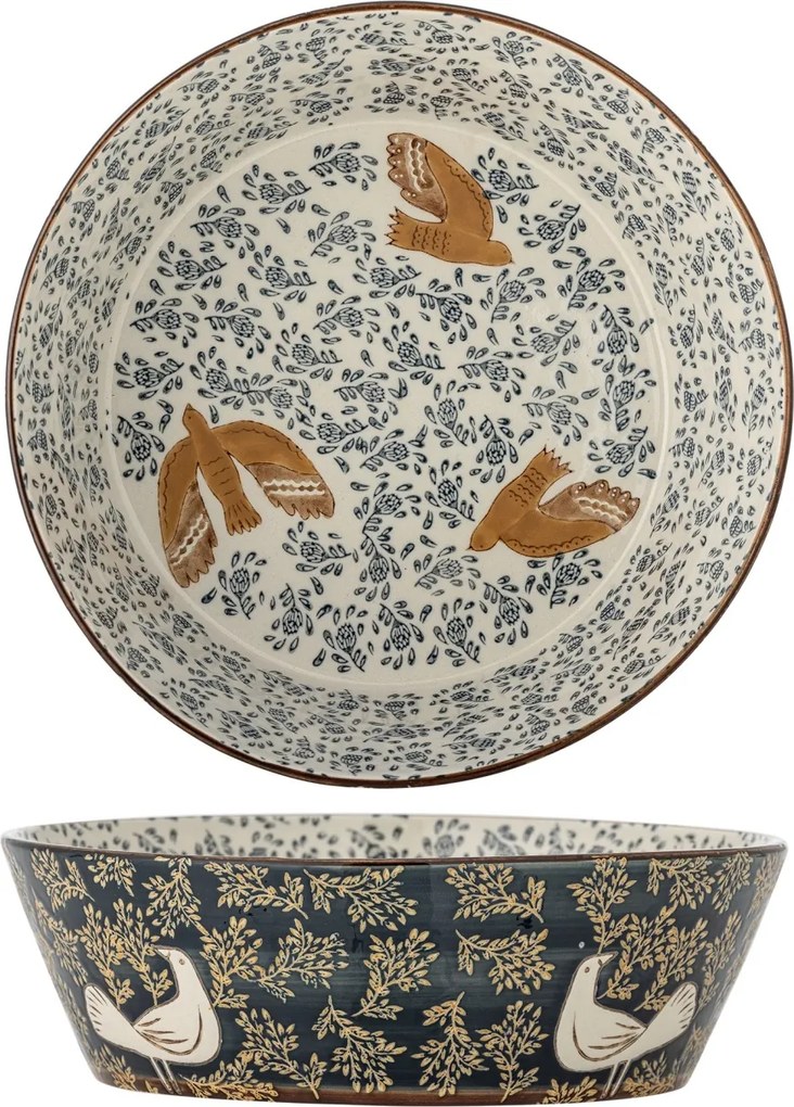 Bol mare din ceramică stoneware pictat manual cu păsări și motive florale, D28xH9 cm, 3350 ml, „Hezha"