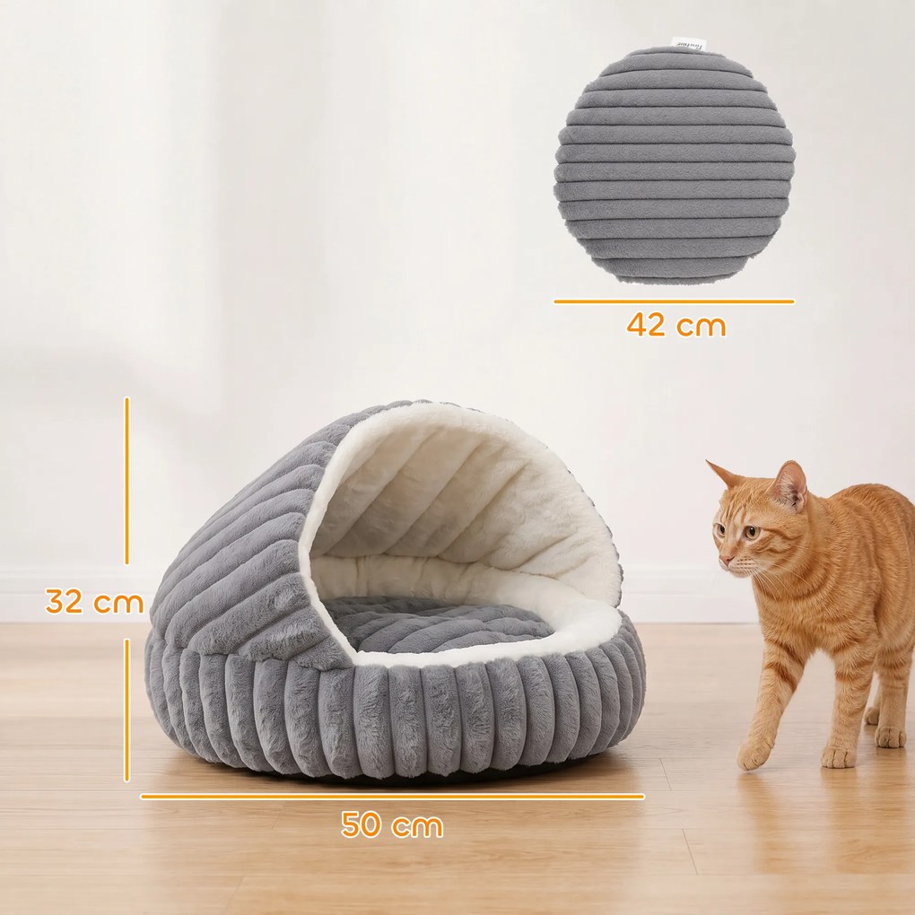 PawHut Culcuș pentru Pisici de până la 5 kg, Rotund Semiînchis, din Pluș cu Efect de Iepuraș, cu Pernă Lavabilă, Gri | Aosom Romania