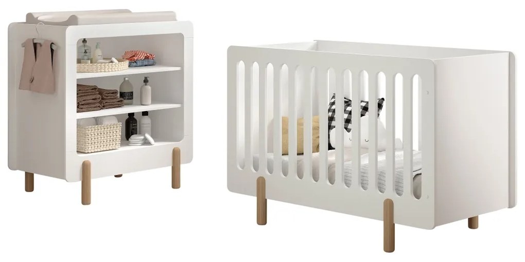 Set mobilier pentru copii SMILE, alb, pat 60 x 120 cm cu bare robuste și bază reglabilă, plus masă de schimbat cu trei rafturi deschise – Vipack
