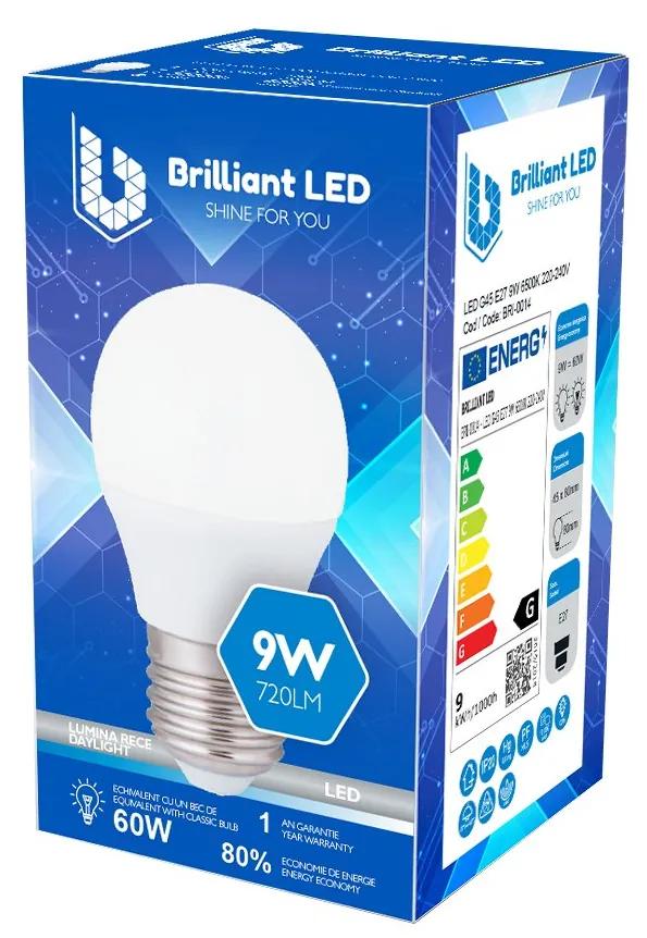 Bec sferic Brilliant LED, 9W 60W, 720lm, lumina rece 6500k, 220V, E27 Lumina rece - 6500K, 1 buc