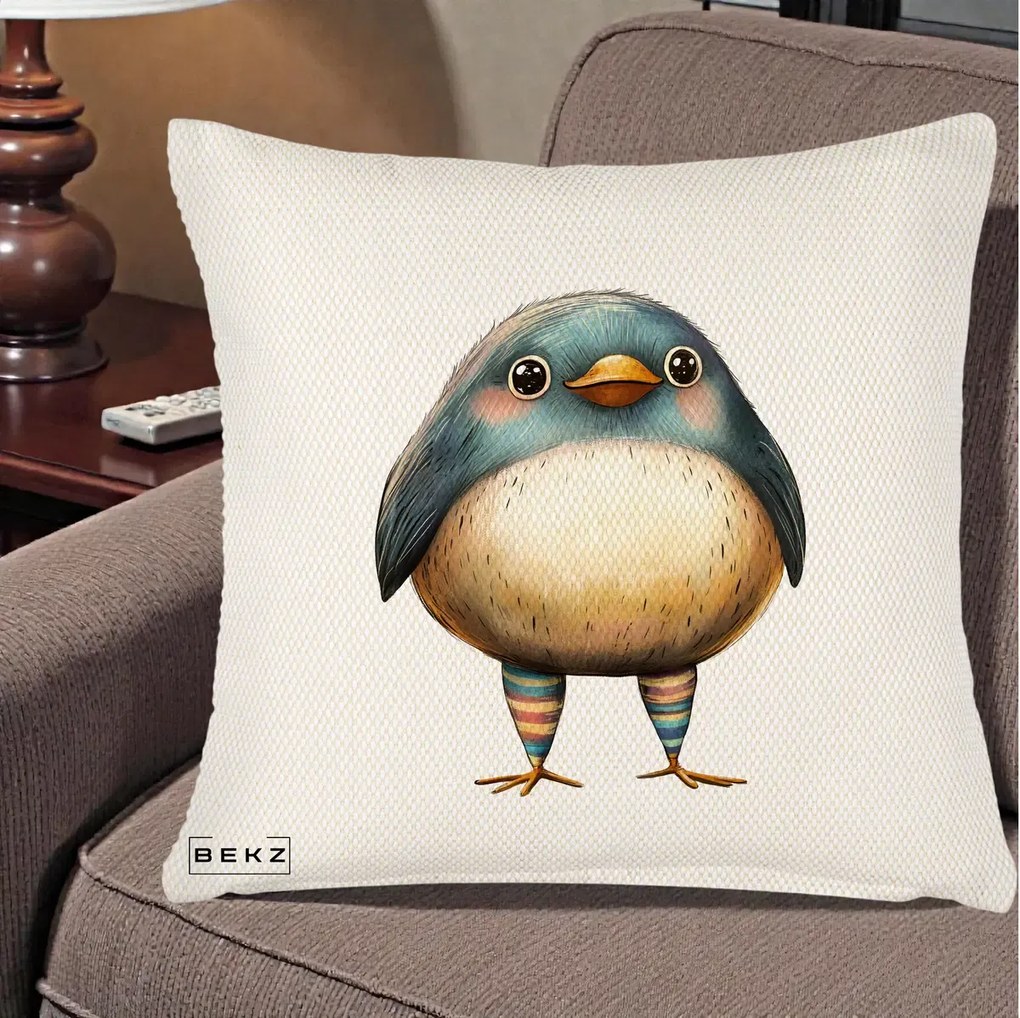 Perna Decorativa Pasare Teal-Bej cu Sosete Curcubeu, 40x40 cm, Crem Reliefat, Husa Detasabila, Perna Inclusa, BEKZ®