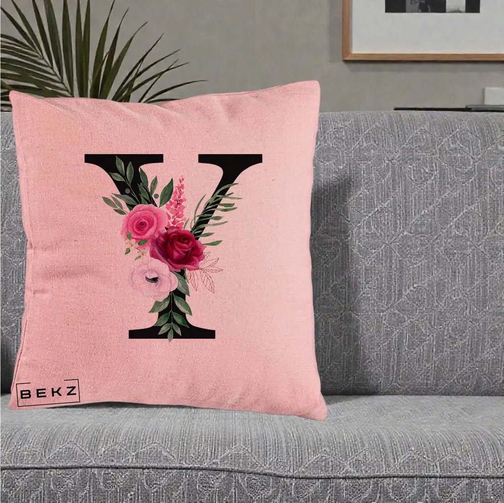 Cadou Personalizat - Perna Personalizata Monograma Florala Litera Y cu Buchet, 40x40 cm, Roz, Husa Detasabila, Perna Inclusa, BEKZ®