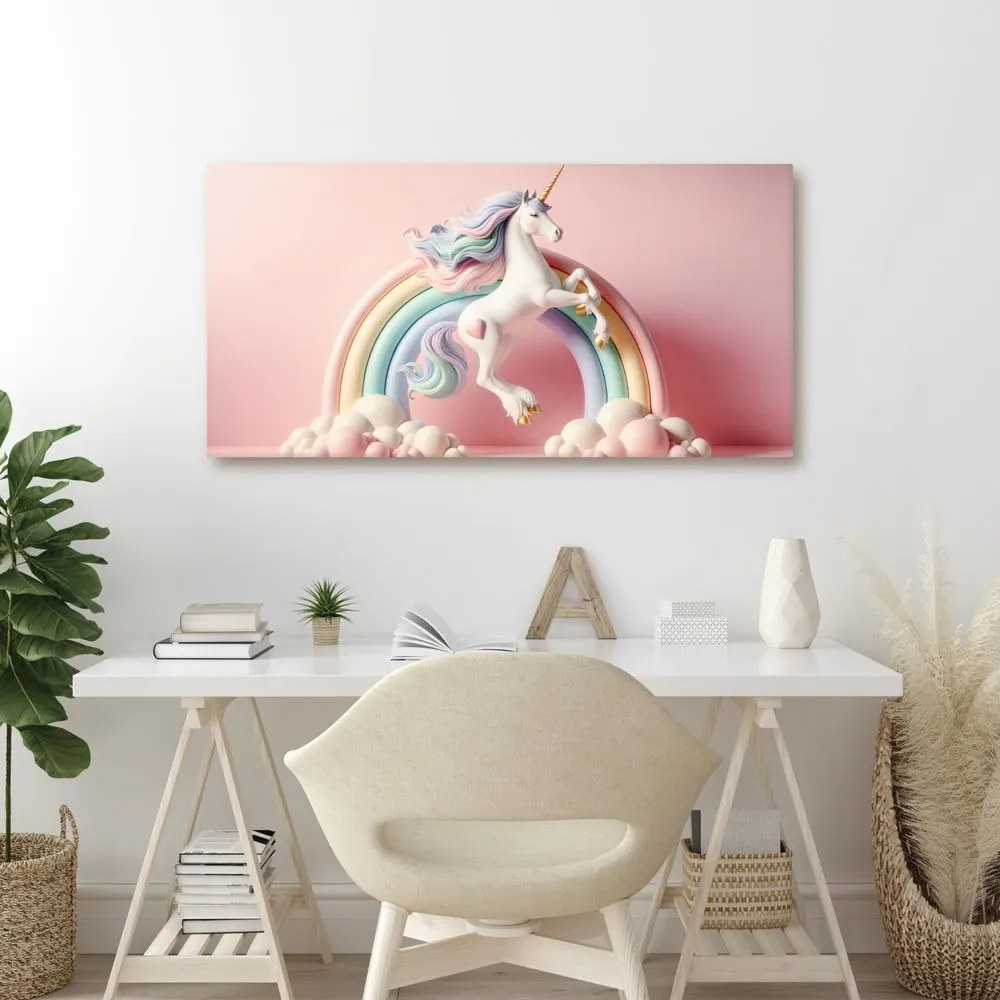 Tablou unicorn de poveste pe un curcubeu pastel