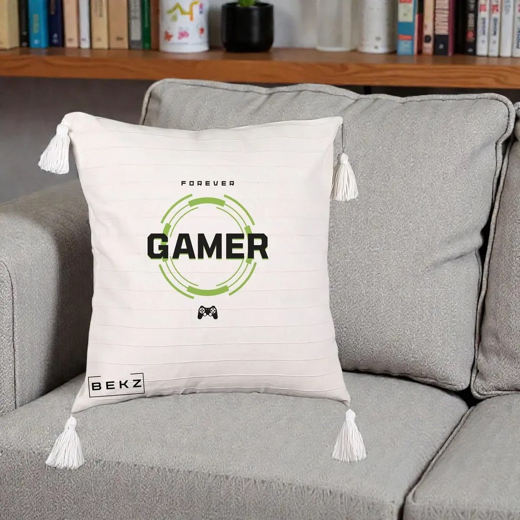 Perna Personalizata Forever Gamer, 40x40 cm, Bej cu Franjuri, Husa Detasabila, Perna Inclusa, BEKZ®