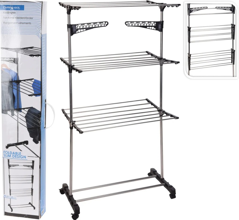 Suport de uscat rufe vertical pliabil cu 3 nivele și roți