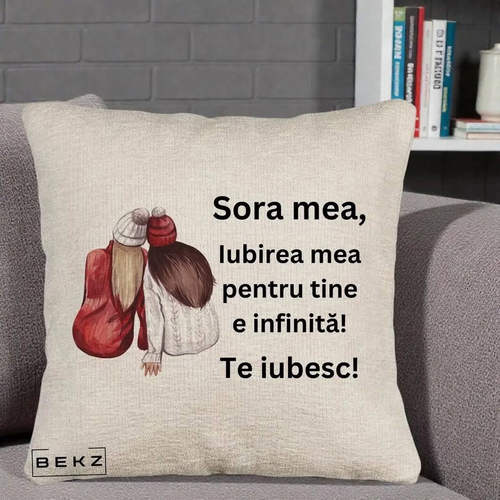 Cadou pentru Sora - Perna Personalizata Sora Mea Te Iubesc Doua Fete Iarna Acuarela, 40x40 cm, Bej Canapea, Husa Detasabila, Perna Inclusa, BEKZ®