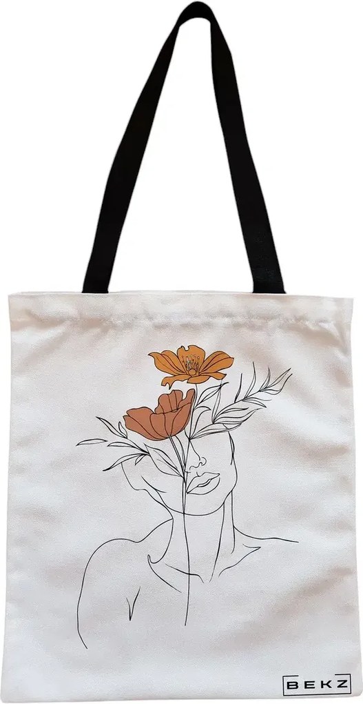 Sacosa de Panza pentru Cumparaturi, Geanta Tote, Flower Lady 2, Cu fermoar, 38x34.5 cm, Alba, BEKZ®