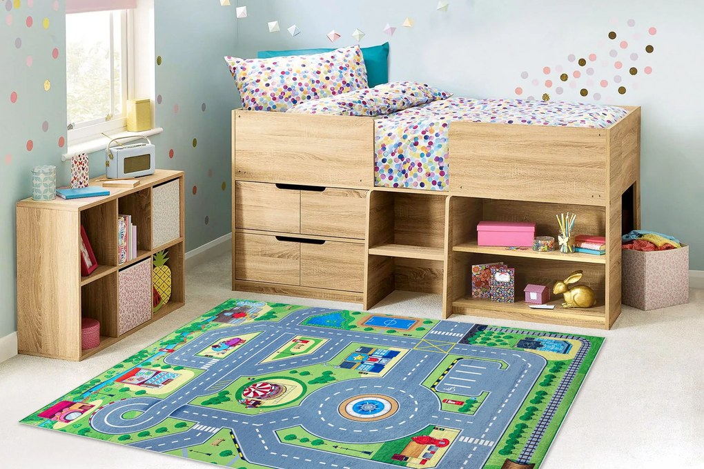 BAMBINO 9028 covor lavabil Oraș, străzi pentru copii anti-alunecare - verde / gri
