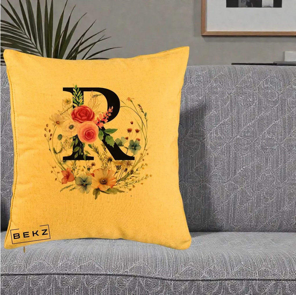 Cadou Personalizat - Perna Personalizata Monogram Litera R cu Flori Acuarela, 40x40 cm, Galben, Husa Detasabila, Perna Inclusa, BEKZ®