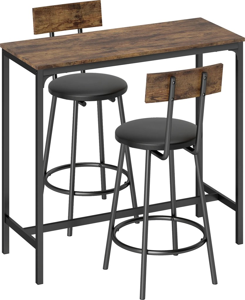HOMCOM Set Masă de Bar cu 2 Scaune Înalte, Spătar, Suport pentru Picioare, MDF, Metal, 100x40x90,5 cm, Maro Rustic | Aosom Romania