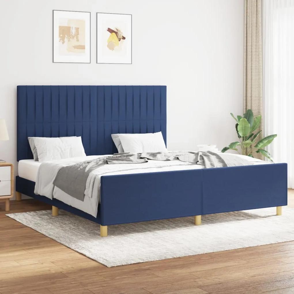 Cadru de pat cu tablie, albastru, 160x200 cm, textil Albastru, 160 x 200 cm, Benzi verticale