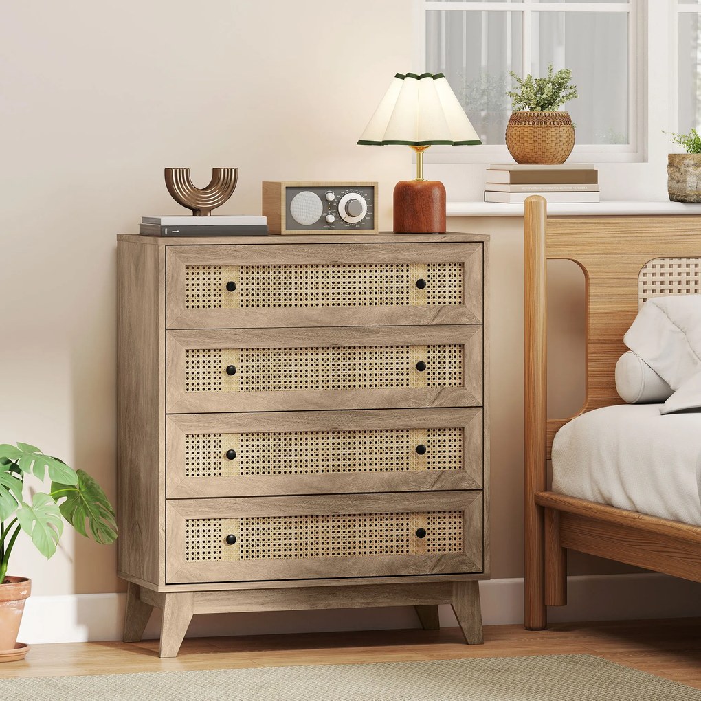 HOMCOM Comodă cu 4 Sertare Stil Boho din Ratan 80x35x95 cm Lemn Natural | Aosom Romania