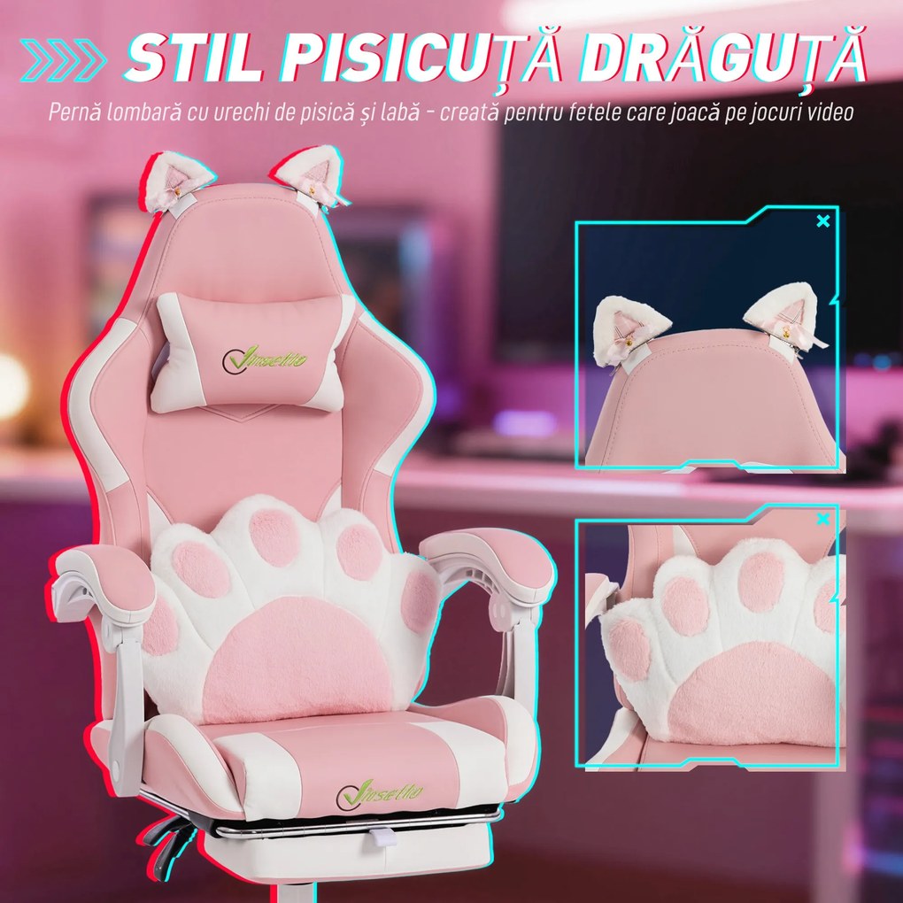 Vinsetto Scaun Gaming Ergonomic cu Urechi de Pisică, Fotoliu Gaming Birou Reclinabil din Piele Eco cu Suport pentru Picioare, Tetieră și Înălțime Reglabilă, Suport Lombar și Cervical, Roz | Aosom Romania