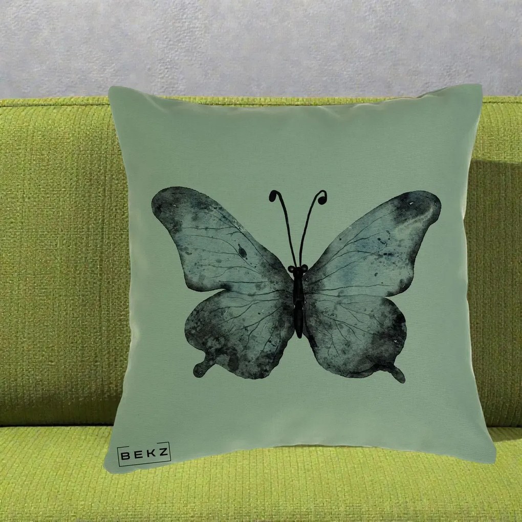 Perna Decorativa Fluture Acuarela Albastru-Gri, 40x40 cm, Verde, Husa Detasabila, Perna Inclusa, BEKZ®