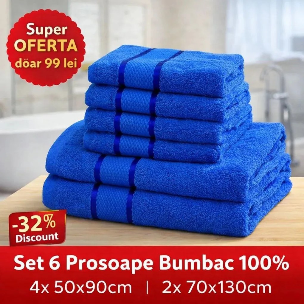 Set 6 Prosoape ROYAL Premium – 100% Bumbac Pieptănat, 550 g/mp, Ultra-Absorbante și Pufoase