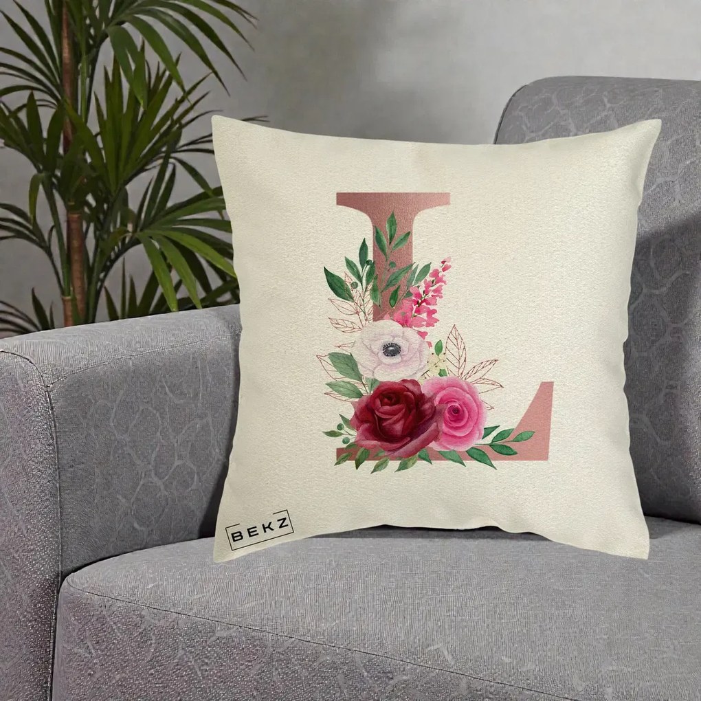 Cadou Personalizat - Perna Personalizata Monograma Rose Gold Litera L, 40x40 cm, Ecru, Husa Detasabila, Perna Inclusa, BEKZ®
