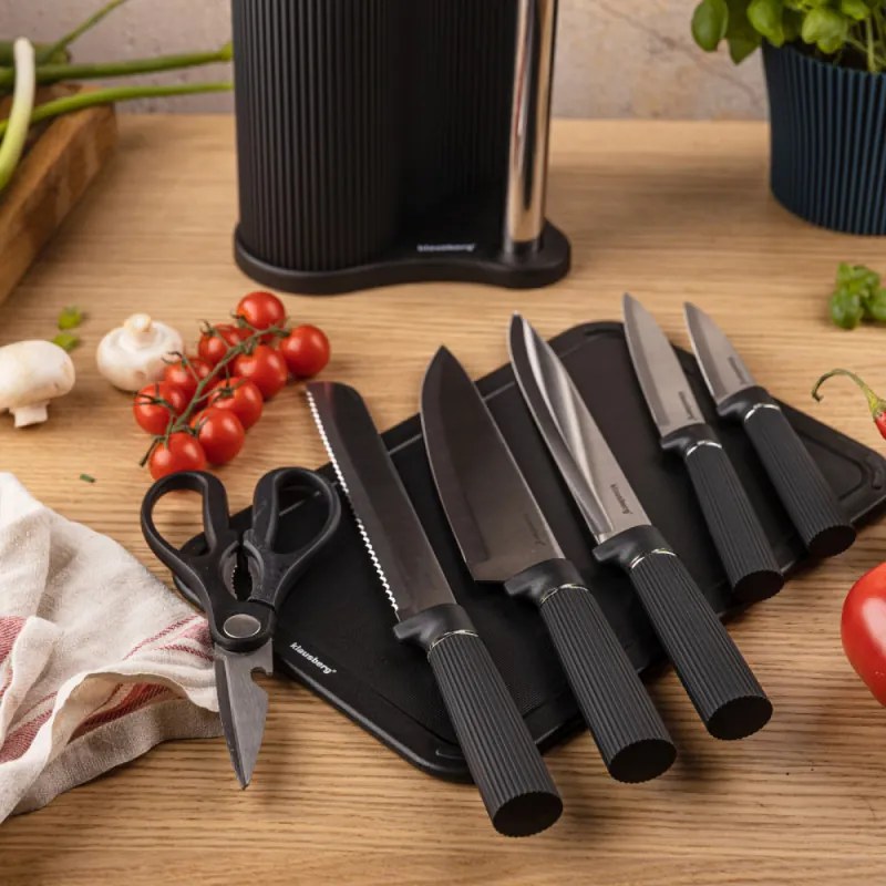 Set cuțite Klausberg KB 7977, 8 piese, Oțel inoxidabil, Suport, Suport hârtie de bucătărie, Negru